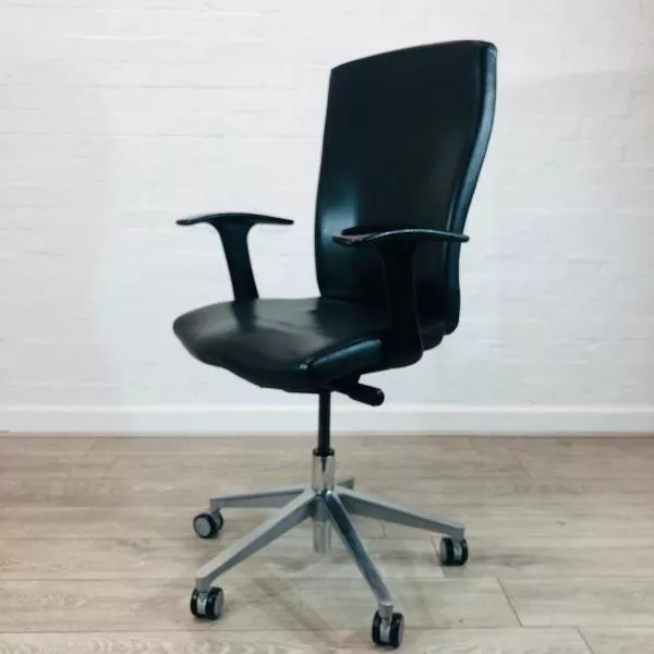 Executive Office Chair, High Back, Armrests, Real Leather, Black